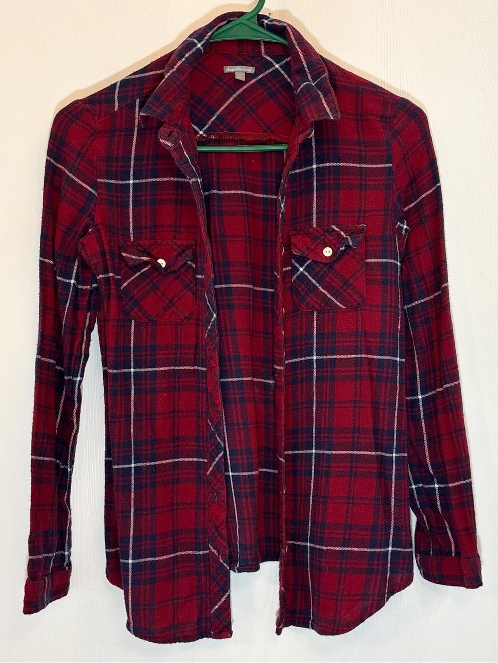 Charlotte Russe Red & Navy Blue Plaid Button Down Flannel Top Womens Size XS